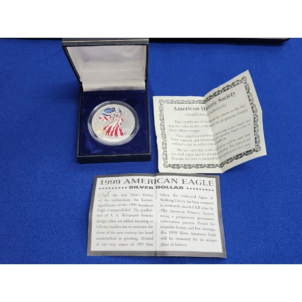 Colorized 1999 American Silver Eagle 1 oz .999 Fine Silver In Display