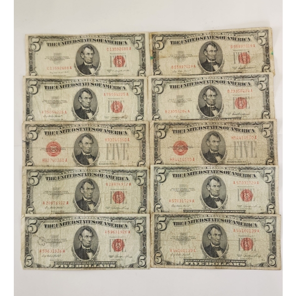 Ten United States Red Seal $5 Notes - Face Value $50.00