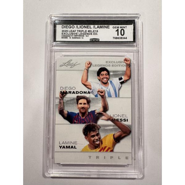 2025 Leaf Exclusive Triple Legends Messi, Yamal & Maradona Soccer Card - Gem Mint 10