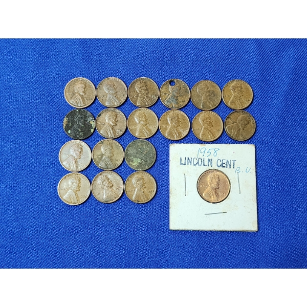 Assorted Years Lincoln Wheat Cents Including 1958 BU FV: $0.19