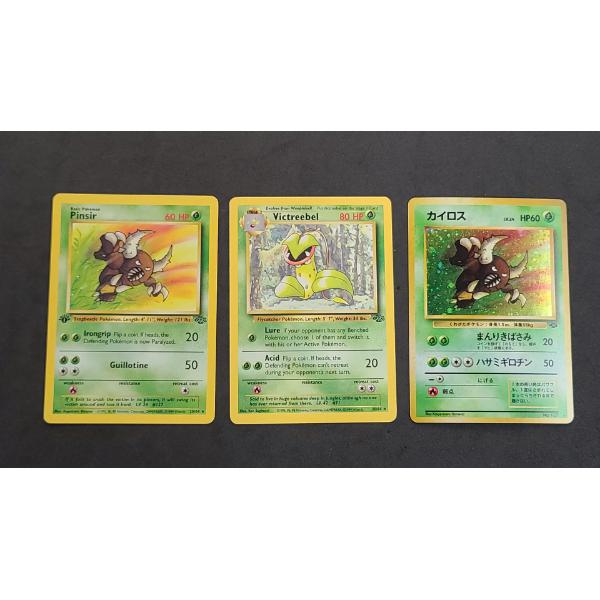 Lot Of Three Assorted Vintage Jungle Pokémon Trading Cards Including Holo Japanese Pinsir 