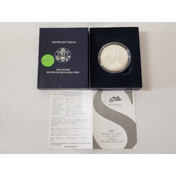 2007-W American Silver Eagle Uncirculated $1 Coin 1 oz .999 Fine Silver w/ OGP Box & COA