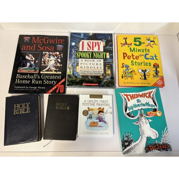 7 Books Total - Includes 2 Holy Bibles - I Spy - Pete the Cat - Thidwick Dr. Suess - McGwire and Sos