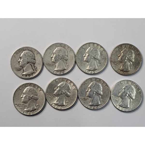 
Assorted Years/Mint Marks 90% Silver Washington Quarters - Face Value: $2.00	
