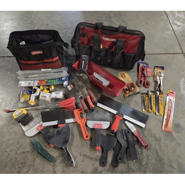 Two Tool Bags With New & Like New Items Including DeWalt Bits, Drywall Tools, Tape Measure & More!