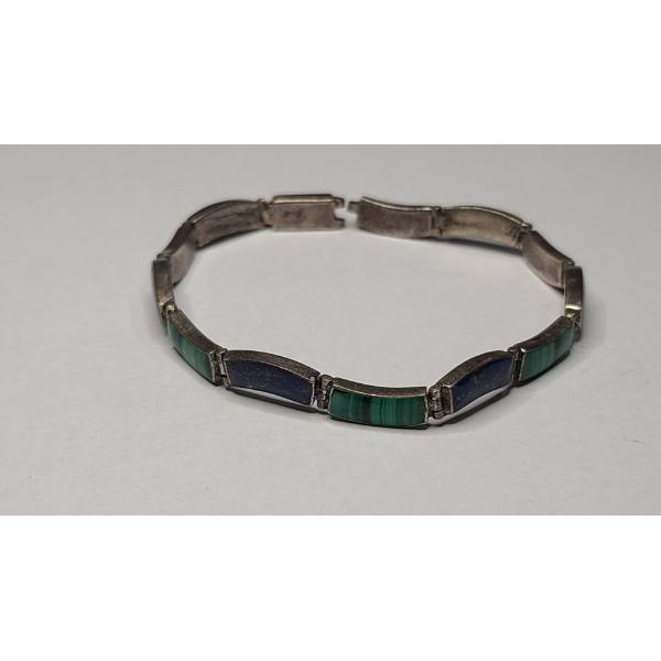 Stamped "970" Silver Green Malachite & Blue Lapis Lazuli 7.5" Bracelet (Missing Hinge Pin) - 12g