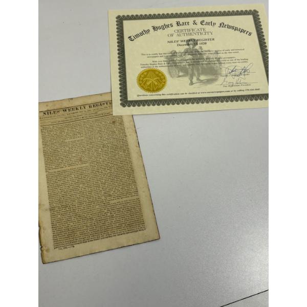 Niles Weekly Register Newspaper Article with Certificate of Authenticity - Timothy Hughes Rare