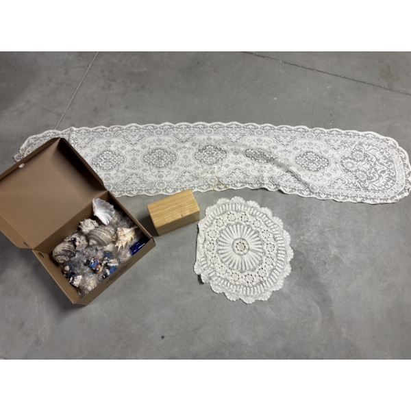 *Pick Up At Mantua Home-No Shipping Available*  Lace Table Runner - Doily - Box of Seashells