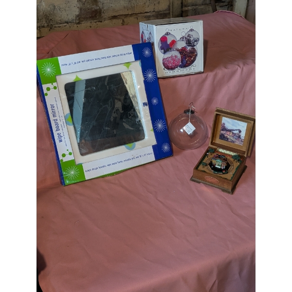 Interesting Wooden Music Box, Giant Clear Bulb, & New 15"x15" Write On Mirror