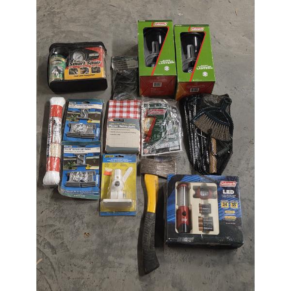 Two New Coleman Lanterns, Table Cloth & Clips, Light Set, Axe, Tire Kit & More