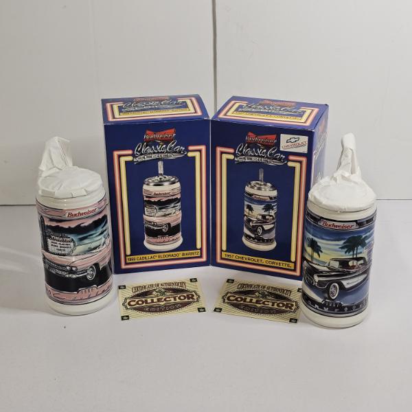 Budweiser Classic Car Beer Steins featuring a 1959 Cadillac Eldorado and a 1957 Chevrolet Corvette