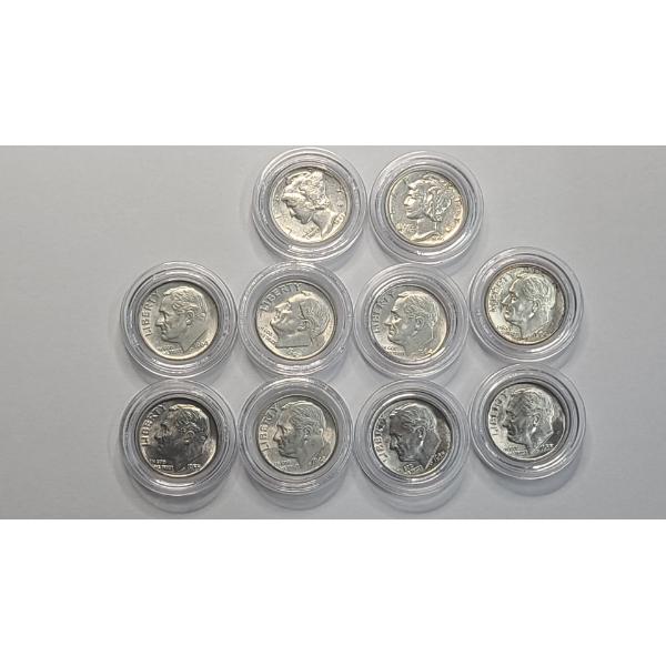 Assorted United States AU 90% Silver Mercury Dimes & Roosevelt Dimes - Face Value: $1.00