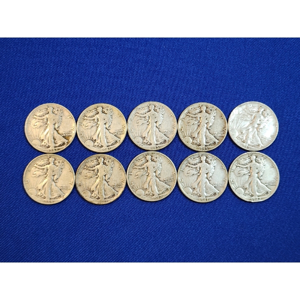 x10 Assorted Years Walking Liberty 90% Silver Half Dollars FV: $5.00