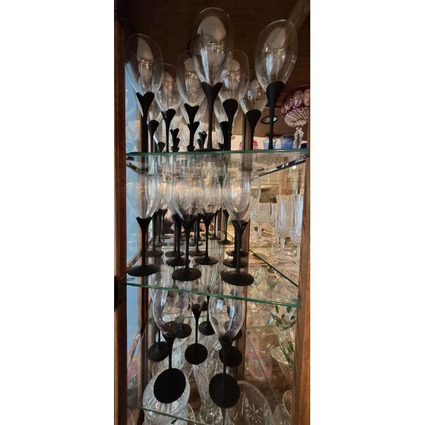 3 Shelves In Curio Cabinet With Elegant Black Stemmed Goblets - Assorted Sizes 