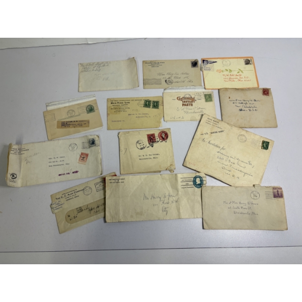 13 Vintage Envelopes with Postage - some with Letters - Old Vintage Check New York Life Insurance Co
