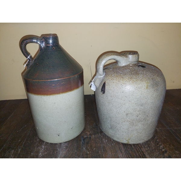 Antique Stoneware Jugs - 2 Pc Lot - 12 x 6.5 & 10 x 8 Overall - See Pics -  Exc Condition  See Pics