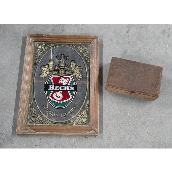 Vintage Framed 20''x14.5'' Framed Becks Mirror And Wood Cigar Box