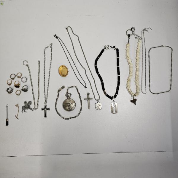 Assortment Of Vintage Costume Jewelry Including Necklaces Rings And A Pocket Watch