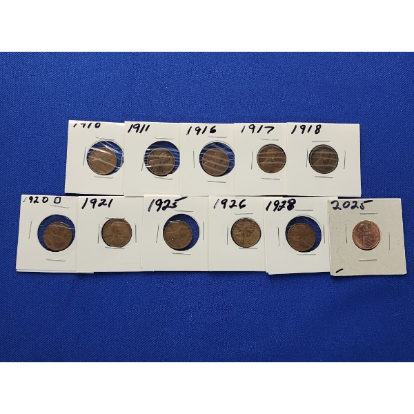 Assorted United States Lincoln Cents Including (1) 2025 Penny & (10) Assorted Years Wheat Pennies