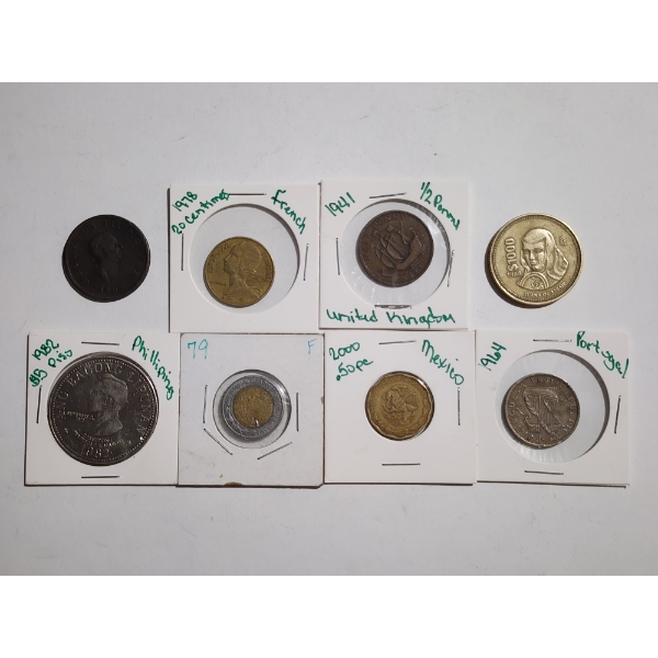 Lot of 8 Assorted World Coins & Tokens Dating Back to 1940's From Various Countries