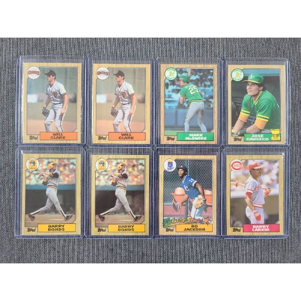 8 Assorted 1987 Topps Near Mint Baseball Trading Cards Ft. Will Clark, Bo Jackson & Barry Bonds!