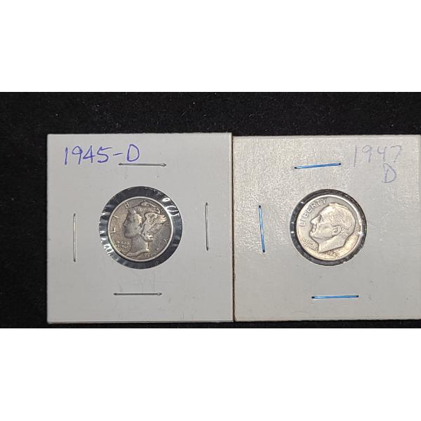 1945-D 90% Silver Mercury Dime & 1947-D 90% Silver Roosevelt Dime - Face Value: $0.20