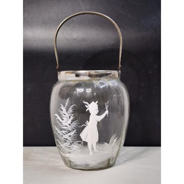 Vintage Mary Gregory Hand-Painted Enamel Clear Glass Jar With Handle
