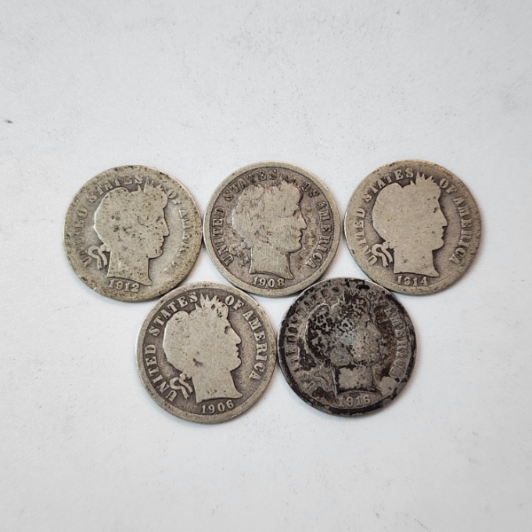 Five Assorted Years United States 90% Silver Barber Dimes - Face Value: $0.50