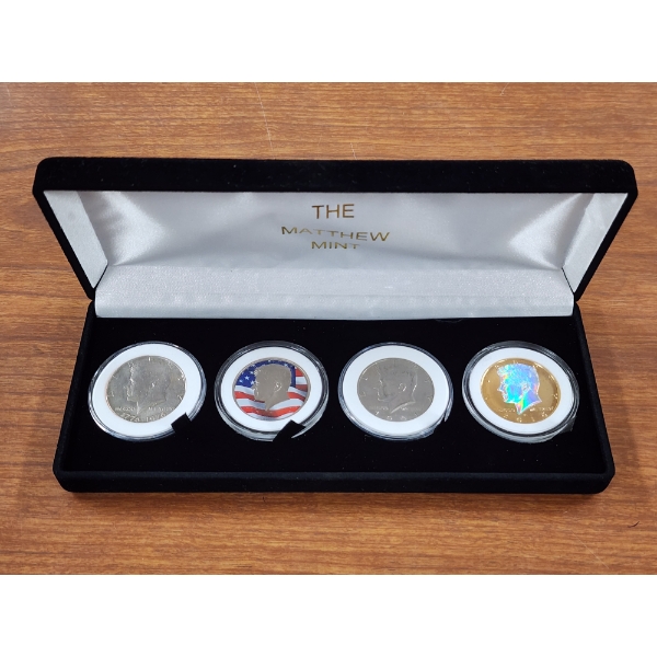 Four Assorted Kennedy Half Dollars in Protective Cases With Display Box from The Matthew Mint