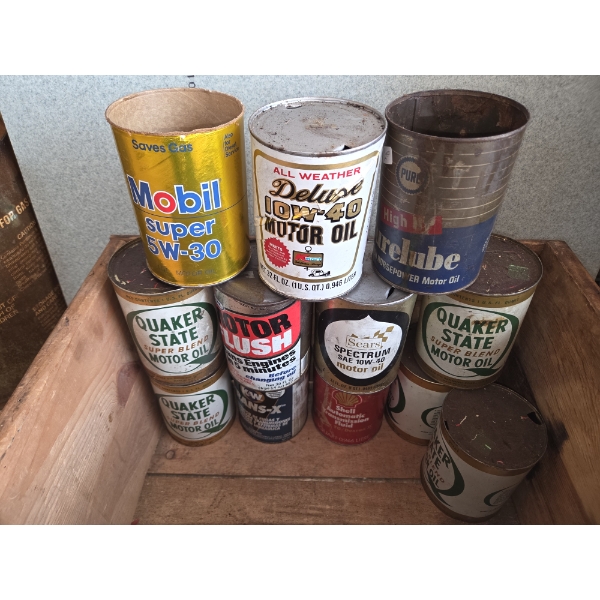 Vintage Wood Crate With Vintage Oil Cans