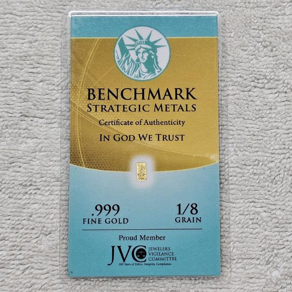 1/8 Grain .999 Fine Gold Assay Card containing a Microscopic 24-Karat Gold Bullion Bar