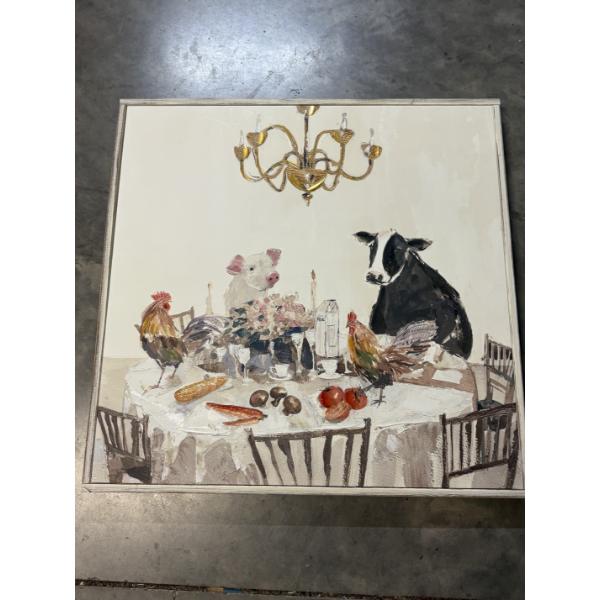 Cow & Pig & Chicken around a Table - Farm Photo 25x25" 