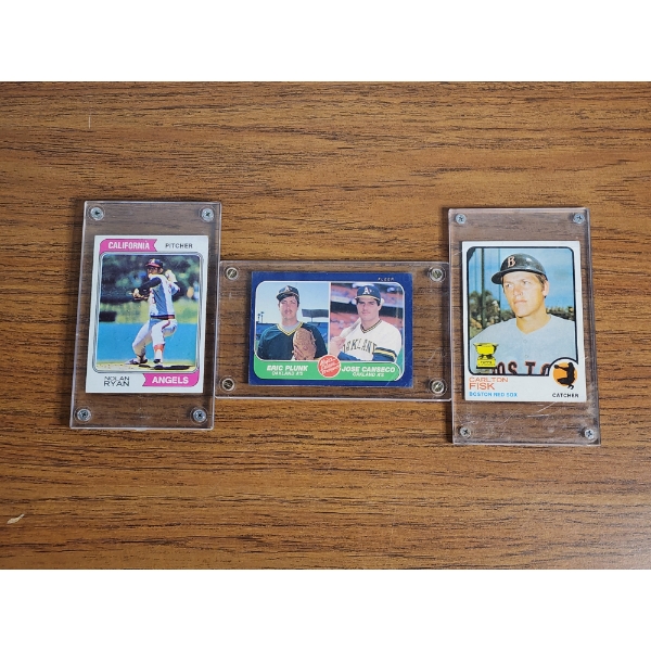 Lot of 3 Baseball Cards in Protective Holders: Nolan Ryan, Eric Plunk & Jose Canseco, Carlton Fisk