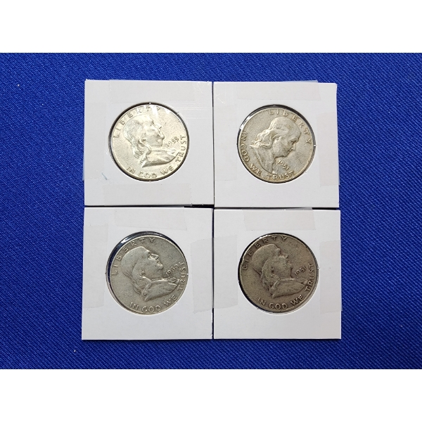 4 Franklin Silver Half Dollars - Years: 1955, 1951, 1960, 1951