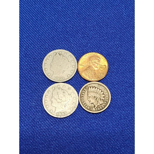 Assorted U.S. Coins: 1980-D Lincoln Penny w/ OH Stamp, x2 "V" Nickels, Indian Head Penny