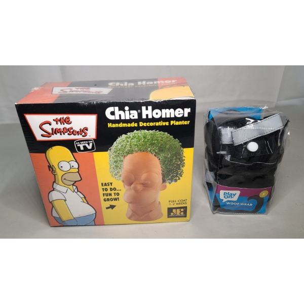 New Sealed Simpsons Homer Chia Pet & Small Play On Reflective Dog Booties