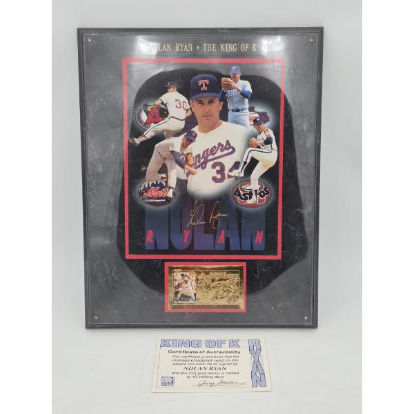 LARGE WALL PLAQUE - SIGNED   NOLAN RYAN "KING OF K"   W 23K GOLD STAMP & COA 14 1/2 x 12