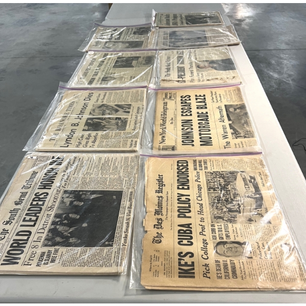 Lot of 9 Newspapers - 7 LBJ Related and 2 Eisenhower Related