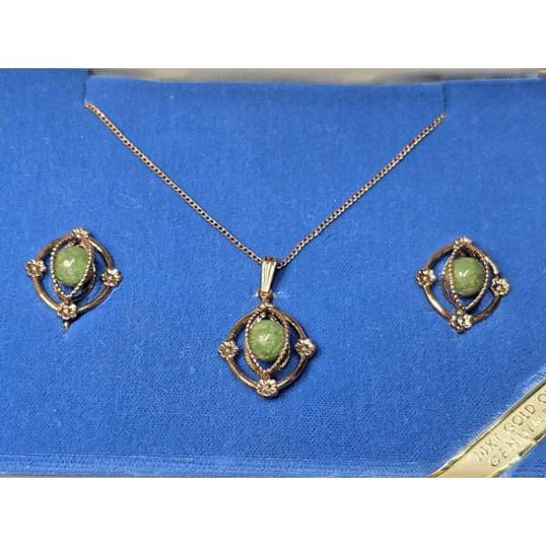14k Gold Overlay Necklace and Earrings Set with Genuine Jade - 6.8g TW