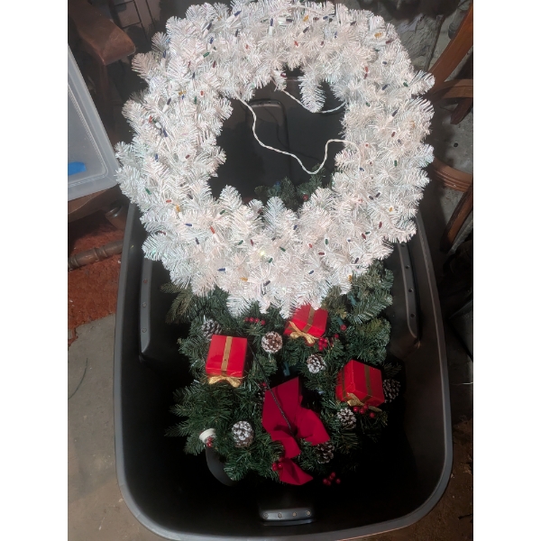 Collection Of Christmas Items Including 2 Lighted Wreaths, Lighted Garland, 2 Large Silver Bells, An