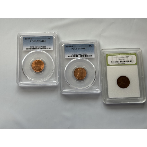 Lot of 3 Graded Lincoln Pennies In Cases - Mint Condition