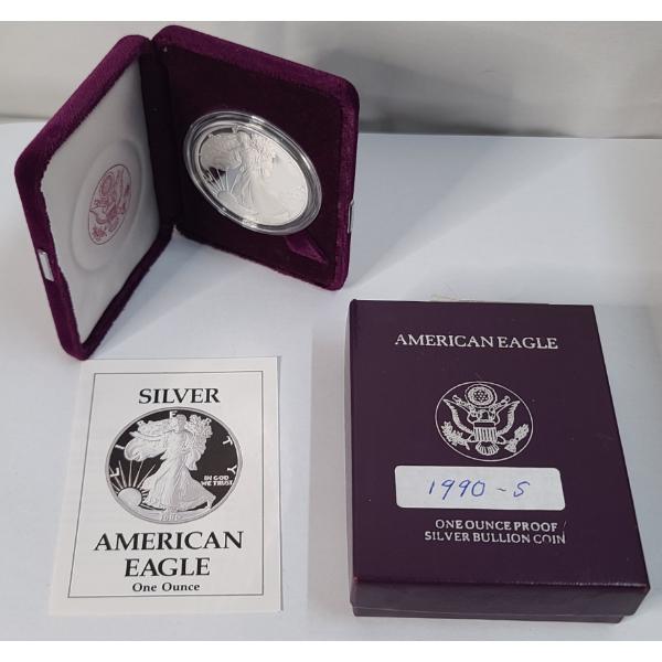 United States Mint 1990-S 1 Oz .999 Fine Silver Proof American Eagle In Original Packaging