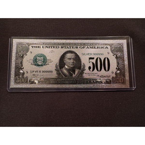 Incredible $500 William McKinley .99999 Silver Foil Note In Protective Holder- Mint Condition