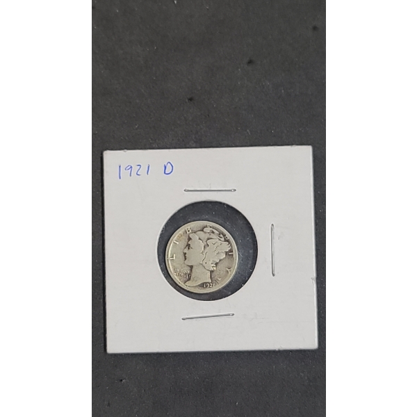 KEY DATE United States 1921-D 90% Silver Mercury Dime - Mintage of 1,080,000