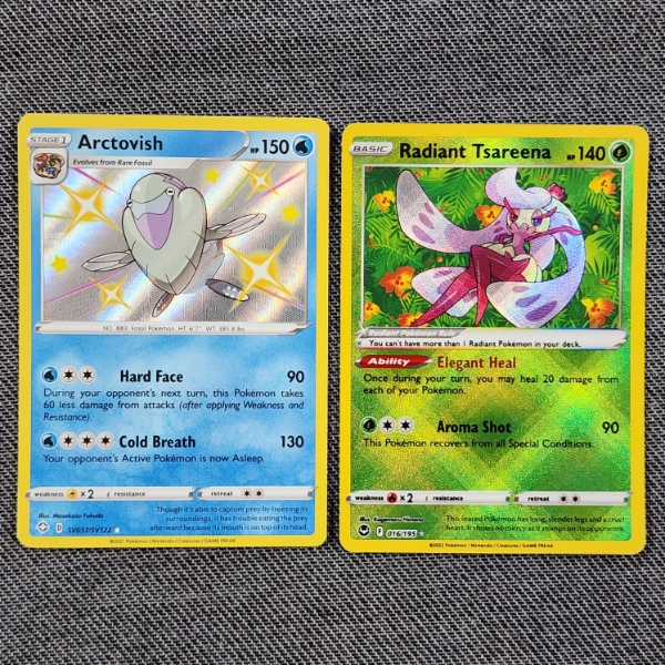 Two Holo Rare Pokemon Trading Cards ~ Radiant Tsareena & SHINY Arctovish