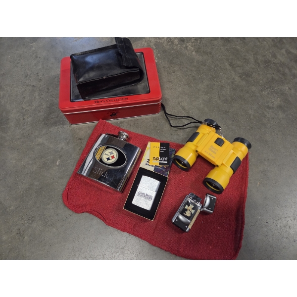 Steelers Flask, New Zippo Lighter, Refillable Butane Lighter, Tin & Binoculars 