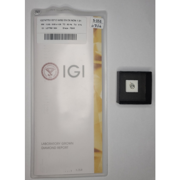 IGI Laboratory Grown Loose 1.91 Carat Pear Brilliant Diamond With Paperwork