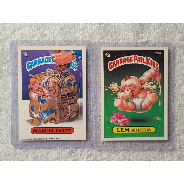 Two 1987 Topps Garbage Pail Kids Trading Cards - 325A Marcel Parcel & 329A Lem Phlegm - Near Mint