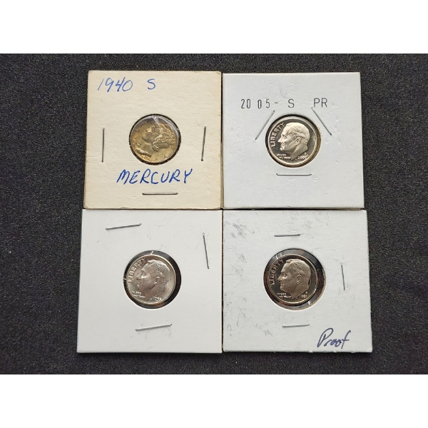 Assorted U.S. Dimes: 1940-S Silver Mercury, 1955 Silver Roosevelt, 2005-S Proof, 1981-S Proof 