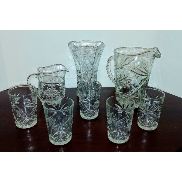 Assorted Cut Pressed Glass Crystal Pitcher & Tumblers With Added Vase As Shown